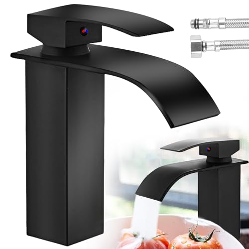 WIYETY Rubinetto a cascata per bagno e lavabo: 2 tubi 60 cm, nero, miscelatore monocomando