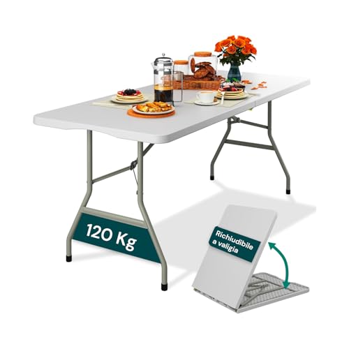 Avilia - Tavolo Pieghevole da Pranzo Salvaspazio per Cucina e Soggiorno, Richiudibile e Portatile con Blocco di Sicurezza, Superficie in HDPE per 6 Persone, 180x70x74 cm (Bianco)