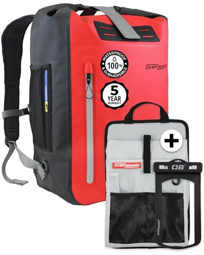 Overboard Zaino impermeabile rosso pacchetto da 45 litri | Borsa a rullo per asciugare galleggiante per kayaking, spiaggia, barca, escursionismo, pesca, rafting | Include custodia impermeabile per