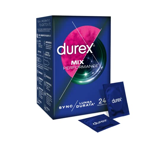 Durex Mix Performance, Preservativi Durex Lunga Durata e Sync, Preservativi Ritardanti per Lui e con Rilievi e Nervature per Lei, 24 Profilattici