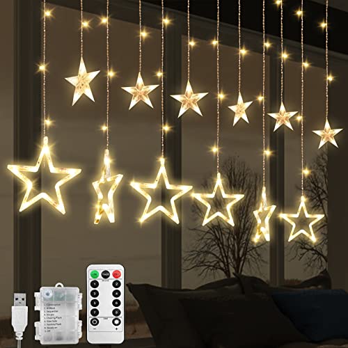 Jsdoin Luci Natalizie da Esterno, Tenda Luminosa 2.5 m 138 LED, Tenda di Luci con 12 Stelle 8 modalità lampeggianti, Luci Decorativa per Finestra, Porta, Matrimonio, Vetrina (A - (Bianco Caldo))