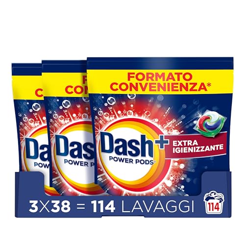 Dash Power Pods Detersivo Lavatrice In Capsule, 114 Lavaggi (38x3) Extra Igienizzante, Pulizia profonda contro sporco e batteri, Pulizia Impeccabile