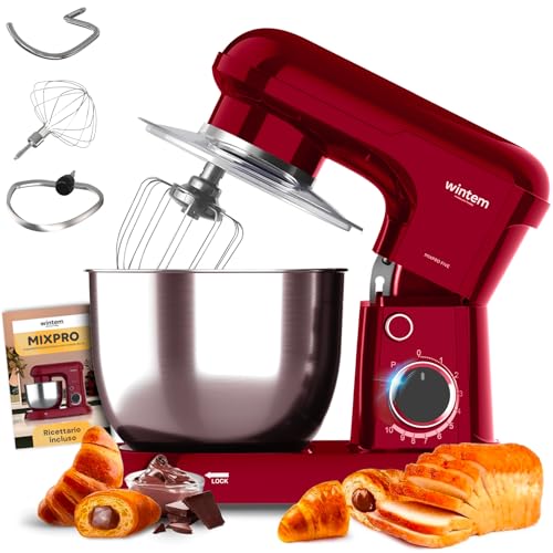 Avilia - Planetaria Silenziosa Multifunzione 1500W con Ricettario e Accessori Inclusi, Ideale per Impasti Dolci e Salati, Mixer con 10 Velocità e Funzione Pulse, Ciotola Acciaio 5L (Rosso)
