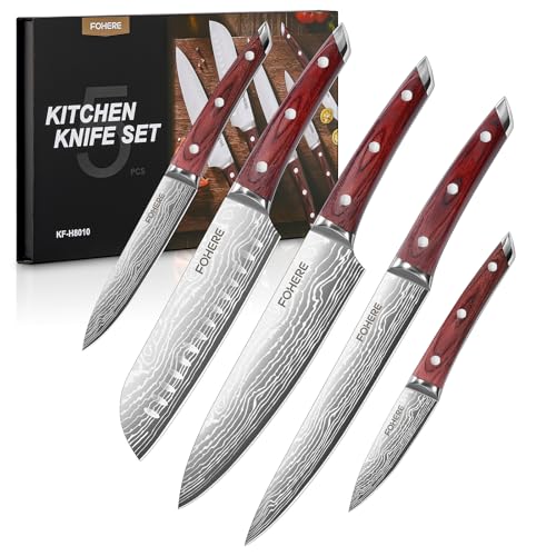 FOHERE Set di Coltelli da Cucina Professionali, Set di Coltelli in Acciaio Inossidabile 5 Pezzi, Ultra Affilati, Coltello da Cucina con Manico in legno, Coltello da Chef