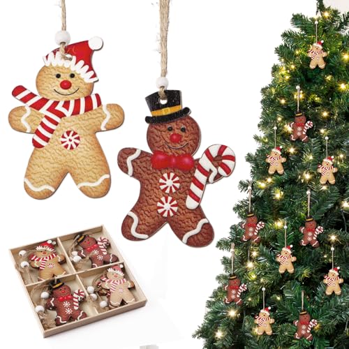 12pz Omino Pan di Zenzeri in Legno, Decorazioni Addobbi Albero di Natale Legno, Ciondoli Ornamenti Natalizi Pan Zenzeri Pendenti