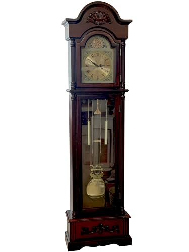 Orologio a Pendolo Gran Salone Con Movimento Westminster | Legno Stile Classico Mogano, Porte In Vetro, Parti Metalliche in Ottone Dorato | Suono A Rintocchi Ogni 60 Minuti | L.55 x P.25 x H.197 cm