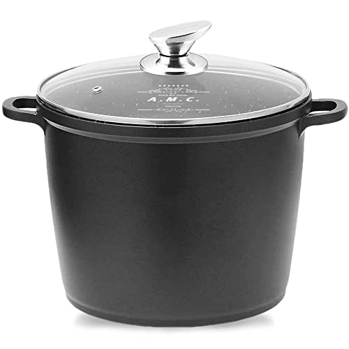 A.M.C. Pentola Alta, rivestimento antiaderente con coperchio in vetro temperato resistente alle alte temperature, adatta a tutte le fonti di calore inclusa Induzione, 7 Litri, diametro 24 cm