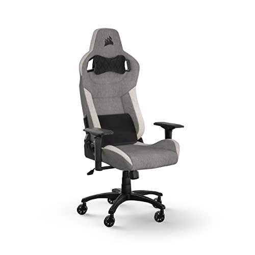 Corsair T3 RUSH Fabric (2023) Sedia da Gioco, Tessuto Esterno Morbido Traspirante, Cuscino Cervicale Regolabile e supporto Lombare in Memory Foam, Grigio/Bianco