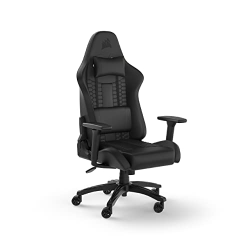 Corsair TC100 RELAXED Sedia Gaming – Rivestimento in Similpelle – Design Ispirato ai Sedili Sportivi – Cuscino Lombare – Cuscino Cervicale Rimovibile in Memory Foam – Braccioli Regolabili – Nero