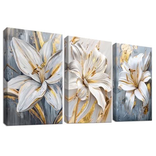HALFLEMART Set of 3 Gigli Bianchi Grigi Fiori Stampa su tela Con Cornice Stami Dorati Beige Floreale Pittura Quadri su tela Quadri Moderni Camera da Letto Soggiorno Decorazioni Murale 50x70cm x3pcs