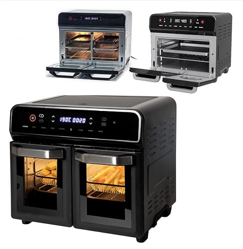 EMPOTEC Friggitrice Forno Aria Calda 23 Litri Multifunzione Doppio Sportello 2 Zone Cestelli Luci Interne Separatore Removibile 60-230° Display Touch 10 Programmi per Zona Timer 2400W 42x38x38cm