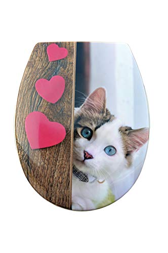 BM 4813 Tavoletta Copriwater Sedile WC Universale Coperchio Toilet Seat Bagno Termoindurente Decorato Motivo Gattino in Casa, Fissaggio dal Basso Cerniere Incluse