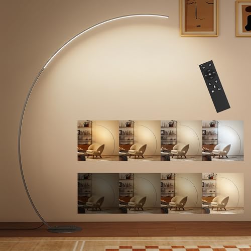 HOMCOM Lampada da Terra ad Arco 172 cm, Lampada Moderna a LED con Temperatura Colore Regolabile, Timer, Telecomando Magnetico, Regolazione della Luminosità Continua, Interruttore a Pedale, Argento