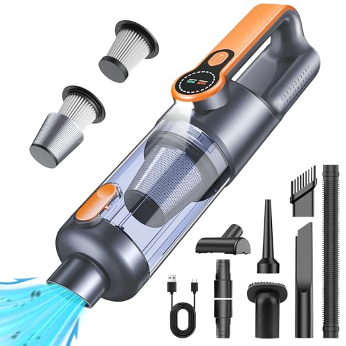 Aspirapolvere Senza Fili, 26000Pa Aspirapolvere Auto Potente, Scarico Polvere One-touch, Motore Brushless, Aspirapolvere Portatile Multifunzione 4 in 1, con display HD e Illuminazione, Arancione