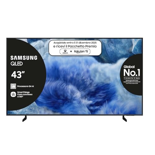 Samsung QLED 4K Vision AI Smart TV 43'' QE43Q8FAAUXZT, Q8F, Q4 AI Processor, 4K Upscaling, OTS Lite, Air Slim Design, 100% di Volume Colore con Quantum Dot, PACCHETTO INTRATTENIMENTO, 2025