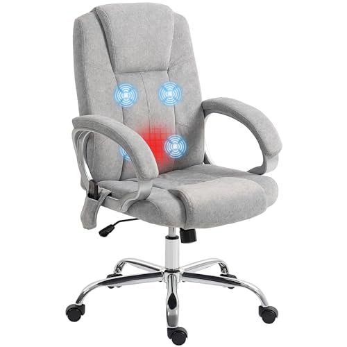 HOMCOM Sedia da Ufficio Massaggiante 4 Punti Vibrante e Riscaldante, Poltrona Ufficio con Funzione Dondolo, Sedia Scrivania in Velluto con Braccioli e Altezza Regolabile per Studio, Grigio