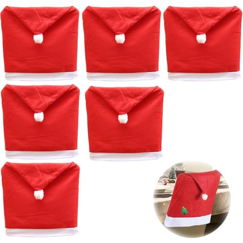 Kiuiom Coprisedia Natalizia,Decorazioni Natalizie Fodere per Sedie da Pranzo,Coprisedie Natale Cappello di Babbo 6PC Copri Sedia Copertura Christmas per la Decorazione Festiva della Festa di Natale