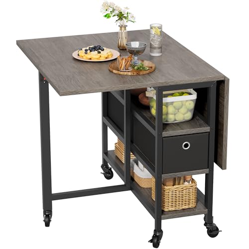 YITAHOME Tavolo da pranzo pieghevole, mobile con 6 ruote e cassetti, per piccoli spazi, cucina, sala da pranzo, rovere grigio e nero