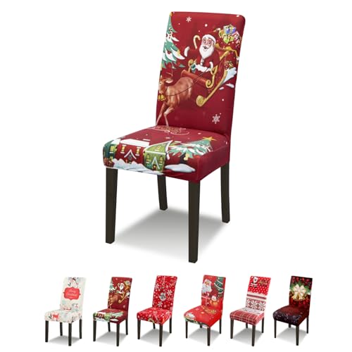 Lydevo Coprisedie Natalizie 6 Pezzi Coprisedia con Schienale Elasticizzato Spandex Fodere Coprisedia per Sala da Pranzo Rimovibile Vestisedia con Schienale per Natale Festa,Babbo Bordeaux
