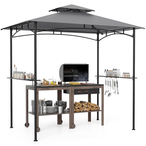 HOMASIS Gazebo per Barbecue, Pergolato da Giardino con Doppio Tetto, 2 Tavoli e Ganci, Pergola Addossata per Esterno, Gazebo per griglia/BBQ (Grigio, 242 x 150 x 250 cm)