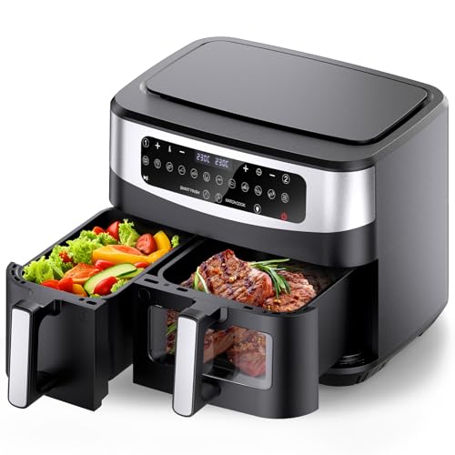 Gidgimo Friggitrice ad Aria XXL 10 litri Doppio Cestello, 50°C-230°C, Air Fryer con Finestra, 12 Programmi, Lavabile in Lavastoviglie, Touch Screen, Doppia Temperatura e Tecnologia SMART& MATCH Cook
