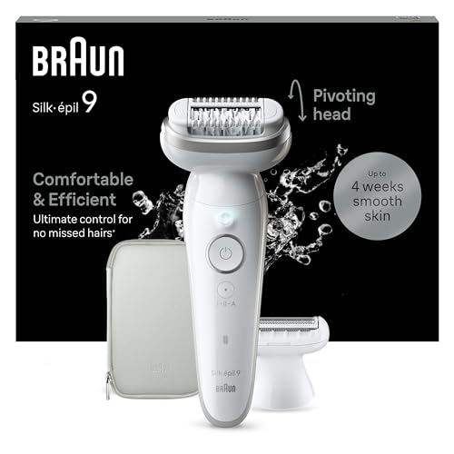 Braun Silk-&eacute;pil 9 Epilatore Elettrico Donna Con Testina Flessibile, Wet&Dry, Pelle Liscia a Lungo, Con Testina Per Rasoio Elettrico Donna e Cappuccio Rifinitore, Depilatore Braun 9-041 Bianco/Argento