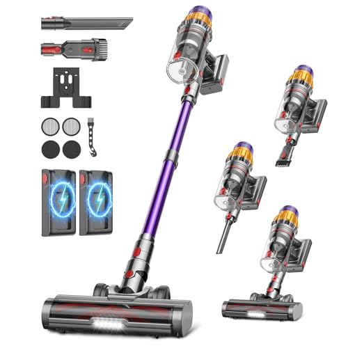 Aspirapolvere Senza Fili con 2 Batterie, 150 Min/600W/ 55KPA/2.0L Scopa Elettrica Senza Fili Potente, Touch Intelligente, Filtro a 11 Stadi, Spazzola Anti-Groviglio per Pavimenti/Tappeti/Peli Animali