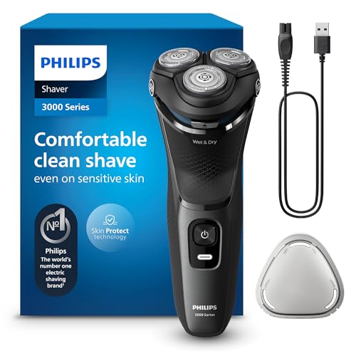 Philips rasoio elettrico serie 3000 - Rasoio elettrico Wet & Dry per uomo con tecnologia SkinProtect, colore Dark Moon, rifinitore a scomparsa, rasoio cordless (modello S3145/00)