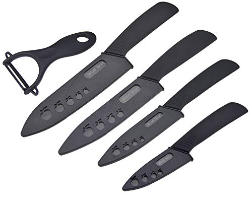 Wolf War Coltello in ceramica, set di coltelli in ceramica con custodia, set di coltelli da cucina con 4 coltelli e 1 pelapatate, set di coltelli da cucina per carne, frutta, verdura, colore nero