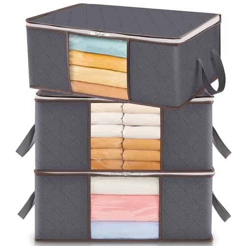 Lifewit 3 Pezzi 35L Scatole per Vestiti, Scatola per Armadio Pieghevole, scatoloni per trasloco, contenitori sottoletto per Coperte, Biancheria da Letto, Grigio