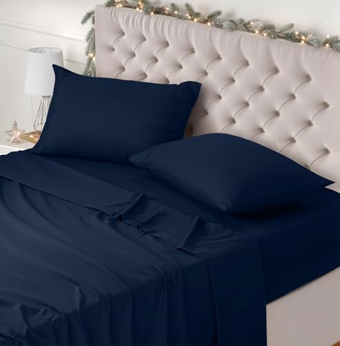 Utopia Bedding - Set Lenzuola Letto Matrimoniali 4 Pezzi 180x200 cm - Spazzolata Poliestre di Microfibra - Oeko-Tex Certificato - Lenzuolo con Angoli, Lenzuolo Piatto e 2 Federe 50x75, Blu Navy