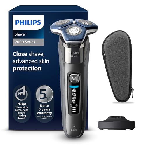 Philips Shaver Series 7000 - Rasoio elettrico da uomo, umido e asciutto, con tecnologia SkinIQ, rifinitore a scomparsa, base di ricarica, custodia da viaggio e spazzola di pulizia