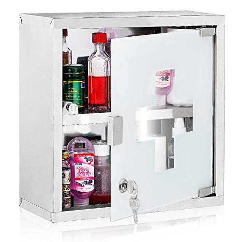 BAKAJI Armadietto Porta Medicinali Mobiletto Primo Soccorso in Acciaio Inox e Vetro Satinato Colore Silver (30_x_30_ cm)