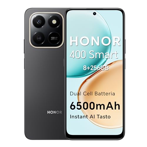 HONOR 400 Smart 4G Smartphone Dual SIM NFC Android 15, 8+256GB, 6500mAh Dual Cell Batteria, 108MP+2MP con Pulsante AI Telefono, 6.77 Pollici 120 Hz Comfort Display, 5 stelle SGS&IP65, Velvet Black