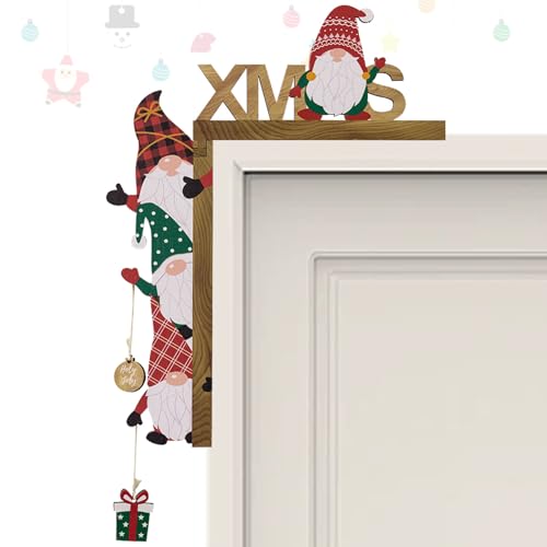 KASESSS Decorazione Porta Natale Legno, Decorazioni Natalizie, Natale Decorazioni Casa per il Telaio Della Porta con Adesivo Rotondo, Addobbi Natalizi Simpatica Statuetta di Nano per Porte, Finestre