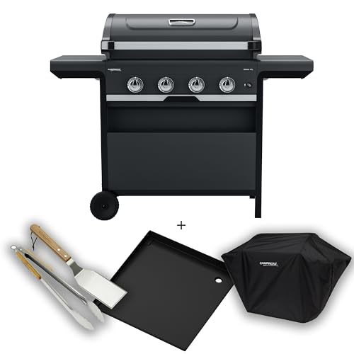 Campingaz 4 Series Select L Barbecue gas Set con piastra extra, coperchio e utensili per grigliare, BBQ gas con 4 bruciatori in acciaio inox, coperchio con termometro, InstaClean, potenza 12 kW