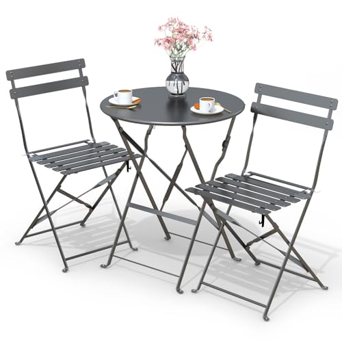 VOUNOT&reg; Set da Giardino Pieghevole da 3 Pezzi, Set da Bistro Tavolo da Bistrot con 2 Sedie Balcone, Set di Mobili 3pz in Acciaio dal Design Moderno, Salvaspazio per Terrazza, Patio, Esterno, Grigio