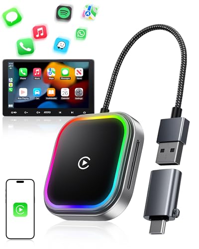 WityEye Adattatore CarPlay e Android Auto Wireless 2 In 1, con Luce Ambientale, Bluetooth V5.3 Connessione Stabile, 5.8GHz WiFi Veloce, USB A/C, per Apple iPhone iOS 10+, Smartphone Android 11+
