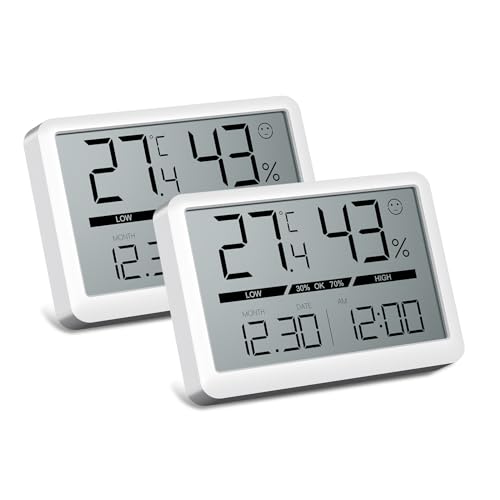 CHEREEKI 2 Pezzi Mini Orologio da Tavolo con Data, Monitor di Temperatura e umidità, Termometro da Interno per Casa, Ufficio, Serra del Termometro Ambiente