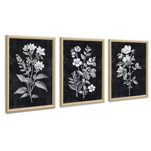 3 Pcs Quadri Boho Neutro Bianco Floreale Pianta Stampa su Tela Con Cornice Quadro Vintage Nero Minimalista Botanico pittura su tela poster da parete Decor Murale Soggiorno Camera da letto 30x40cmx3