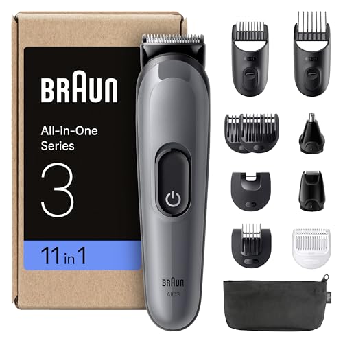 Braun Rifinitore All-In-One Series 3, Rasoio Elettrico Barba E Capelli 11In1, Con Lama Ultra Affilata, 14 Lunghezze, 50 Minuti di Autonomia, Styling Facile e Veloce Per Viso E Capelli, AIO3565 Grigio