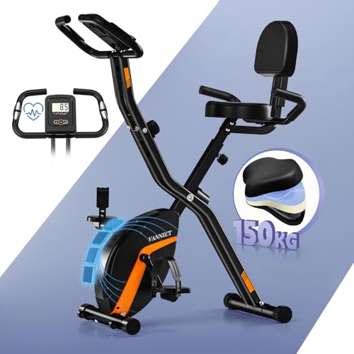 VANNECT Cyclette Pieghevole con Schienale e Monitor LCD Misurazione Manuale Delle Pulsazioni, Cyclette da casa con resistenza magnetica regolabile portata 150Kg con Comodo Cuscino del Sedile
