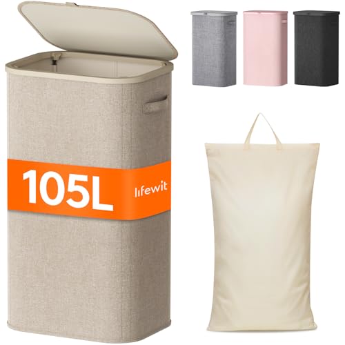 Lifewit Cesto Portabiancheria 105 L, Cesta Panni Sporchi con coperchio, Laundry Basket con Plastica Manici, Porta Biancheria Sporca per Bagno, Lavanderia, Camera da Letto, Beige