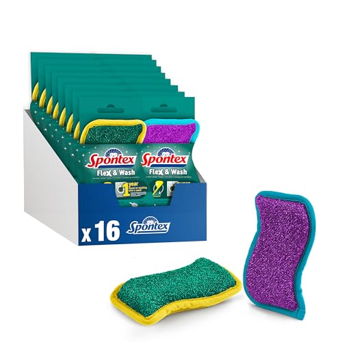 Spontex Flex & Wash Spugne lavabili in lavatrice e lavastoviglie / Spugne in Microfibra per un doppio utilizzo: stoviglie e superfici / 8 x 2 confezioni (16 in totale)