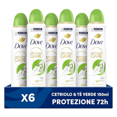 Dove Deodorante Spray Advanced Care Go Fresh Cetriolo e Té Verde, con Formula Idratante e Delicata sulla Pelle, Senza Alcol, Pelle Asciutta Fino a 72 Ore, Deodorante Uomo e Donna, 6 Pezzi da 150ml