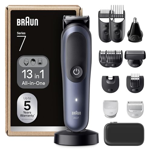 Braun Rifinitore All-In-One Series 7 AIO7565, Rasoio Elettrico Barba E Capelli 13In1 Con Lama ProBlade E Tecnologia AutoSense, 120 Min. Di Autonomia, Pettini Aree Sensibili E Sfumatura, Wet&Dry, Blu