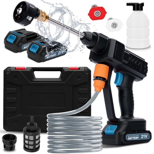 Idropulitrice a Batteria, 18 Bar Idropulitrice Portatile con 6 in 1 Ugello, Tubo da 5M, Serbatoio in Schiuma, Adatto per la Pulizia di Auto, Pavimenti