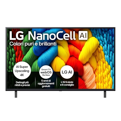 LG NanoCell AI NANO80 43 pollici, Smart TV 4K, Processore α7 Gen8, Tecnologia NanoCell, webOS con AI e telecomando puntatore AI, Filmmaker mode, Gaming con VRR 4K@60Hz, 43NANO80A6B 2025