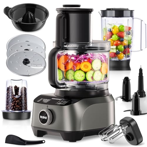 YASHE Robot da Cucina Multifunzione, 2,5L Ciotola & 1,5L Bicchiere Frullatore, Mixer, Grinder, Estrattore di Succo, Impastatrice, Affettatore & Grattugia, 3 Velocit&agrave; + Pulse, Blocco di Sicurezza