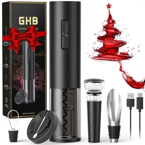 GHB Cavatappi Elettrico per Vino USB Ricaricabile, Apribottiglie Elettrico Professionale per Vino con Tagliacarte,Versatore,Tappo di Tenuta,Tappo per Vuoto Regalo Natale per Uomo,Pap&agrave;,Amanti del vino